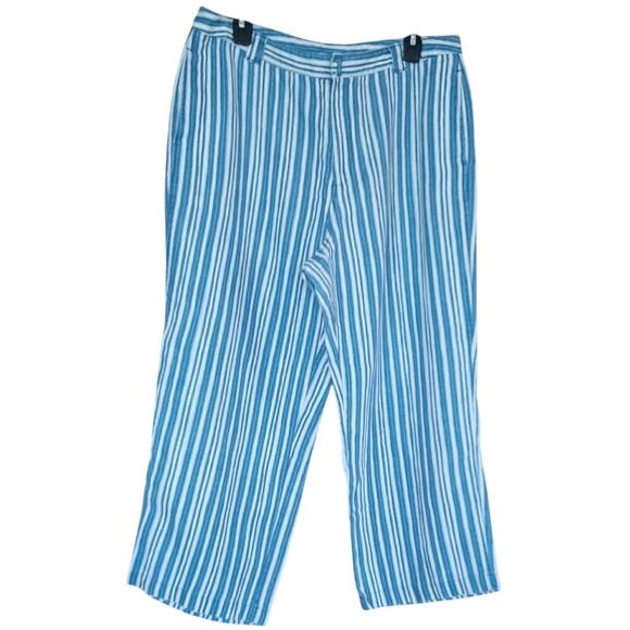SO Blue Sigrid Olsen 100% Linen Pants Blue and White Stripe Wide Leg Women's 14 - Picture 1 of 5